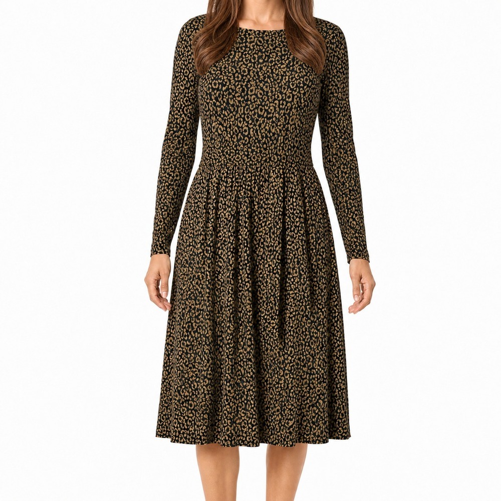 Boden Jersey Midi Dress Womens 8L Long Sleeve Animal Print Floral Pockets Boho